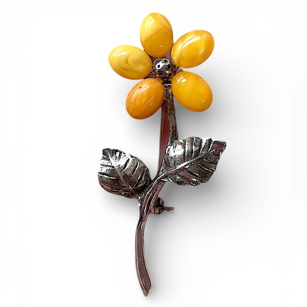 Vinatge Sterling Silver Egg Yolk Butterscotch Amber Flower Brooch